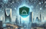 DALL·EA dynamic and modern cybersecurity scene showcasing Saudi Arabia's commitment to cybersecurity. The image features elements like digital shields, inte