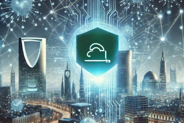 DALL·EA dynamic and modern cybersecurity scene showcasing Saudi Arabia's commitment to cybersecurity. The image features elements like digital shields, inte