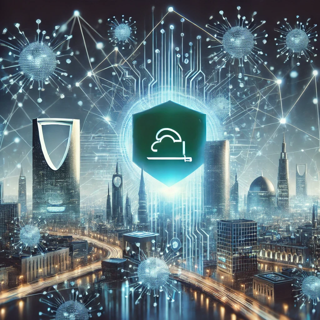 DALL·EA dynamic and modern cybersecurity scene showcasing Saudi Arabia's commitment to cybersecurity. The image features elements like digital shields, inte