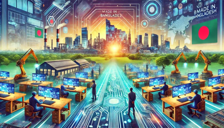 DALA vibrant, futuristic landscape featuring a high-tech manufacturing facility in Bangladesh. The background showcases the country's iconic skyline with
