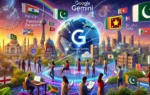 A vibrant digital landscape featuring various devices such as smartphones, tablets, and laptops displaying the Google Gemini app interface. The background