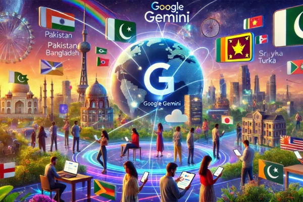 A vibrant digital landscape featuring various devices such as smartphones, tablets, and laptops displaying the Google Gemini app interface. The background