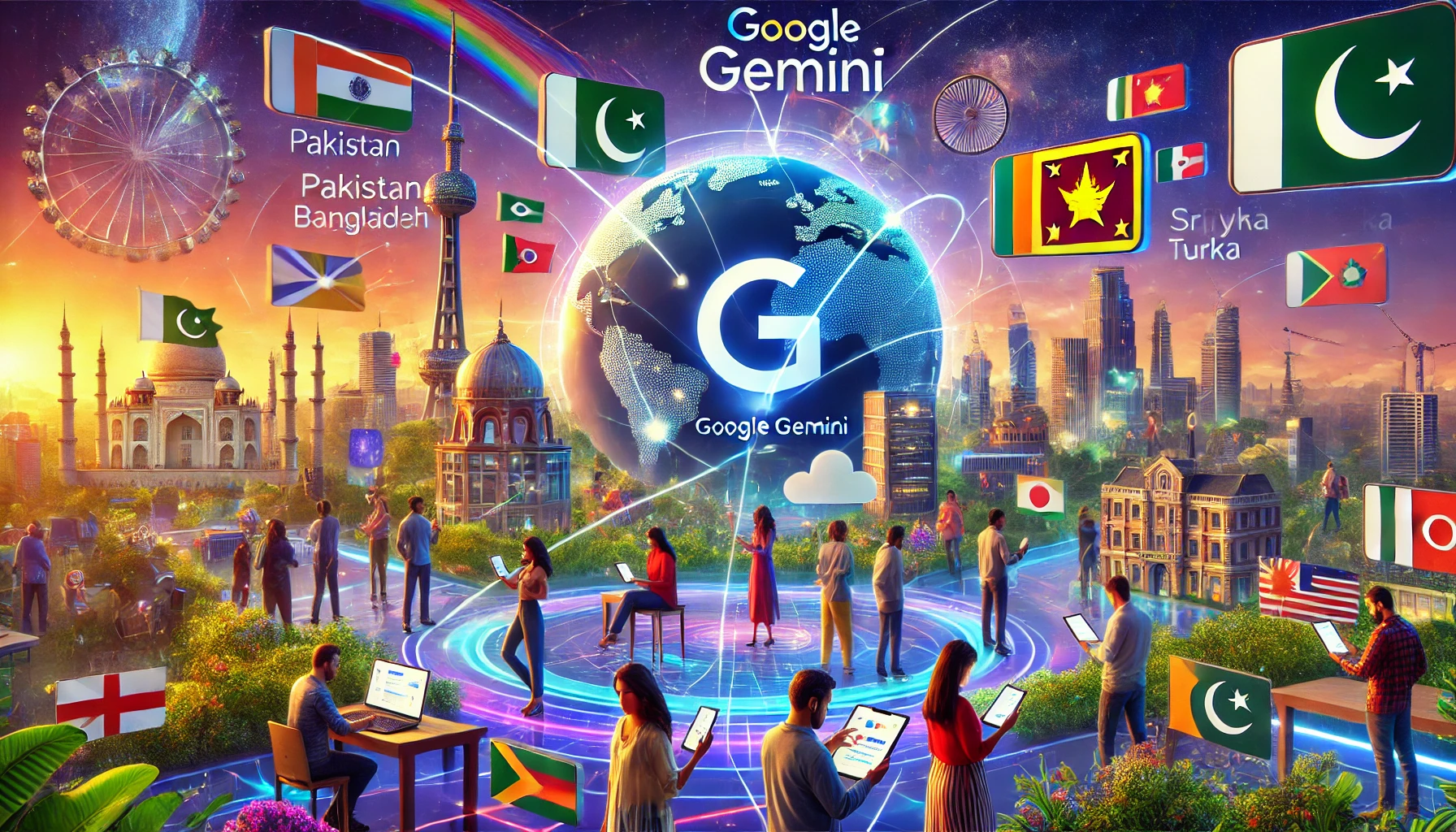 A vibrant digital landscape featuring various devices such as smartphones, tablets, and laptops displaying the Google Gemini app interface. The background