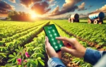 DAA vibrant agricultural scene in southern Bangladesh with a farmer using a smartphone app to identify pests on his groundnut crop. The background include