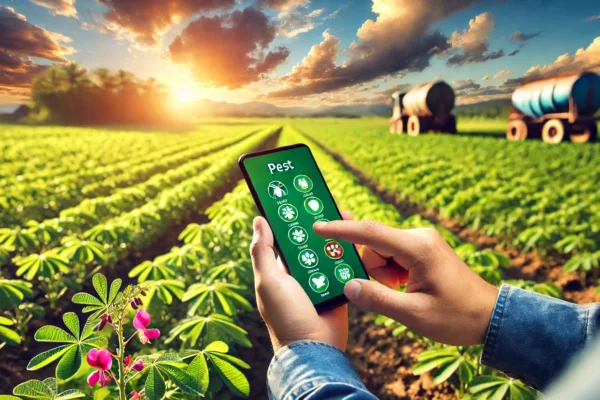 DAA vibrant agricultural scene in southern Bangladesh with a farmer using a smartphone app to identify pests on his groundnut crop. The background include