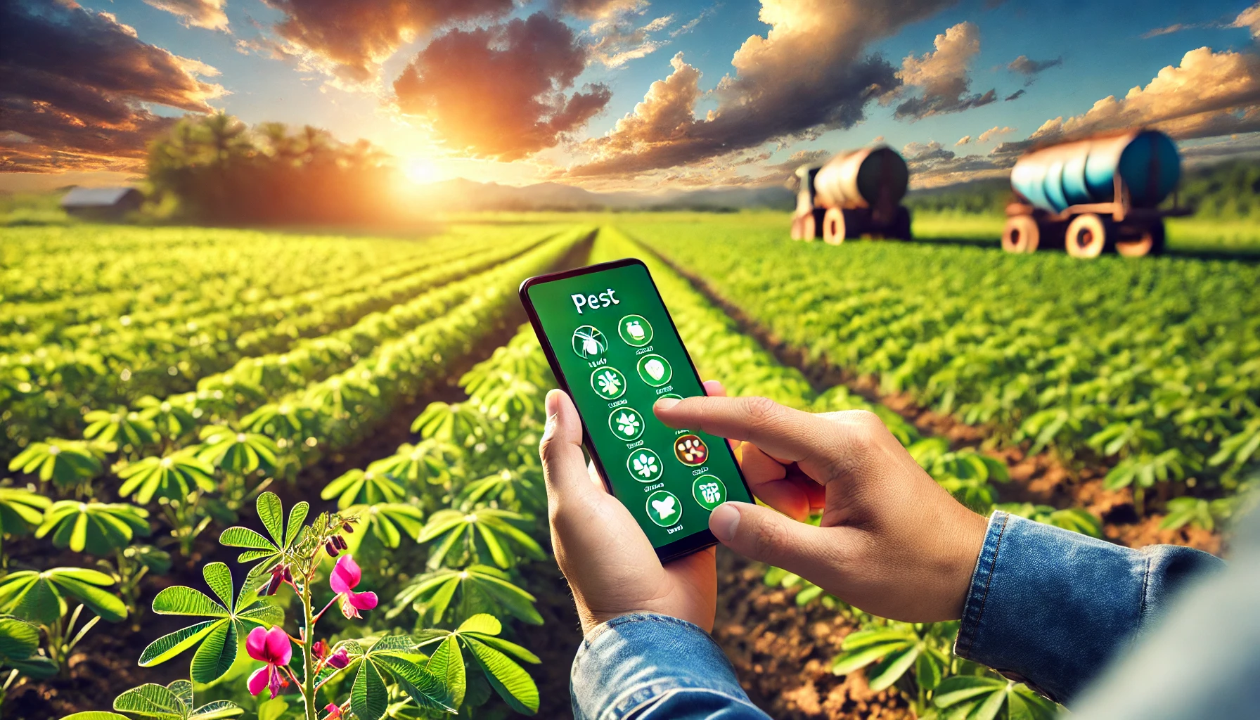 DAA vibrant agricultural scene in southern Bangladesh with a farmer using a smartphone app to identify pests on his groundnut crop. The background include