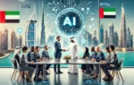 A high-tech conference setting in Dubai featuring representatives from the UAE’s Artificial Intelligence Office and Rittal FZE signing a partnership a