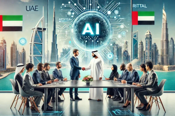 A high-tech conference setting in Dubai featuring representatives from the UAE’s Artificial Intelligence Office and Rittal FZE signing a partnership a