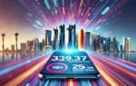 A vibrant digital landscape featuring a smartphone with a high-speed internet indicator showing 329.37 Mbps download speed and 25.36 Mbps upload speed