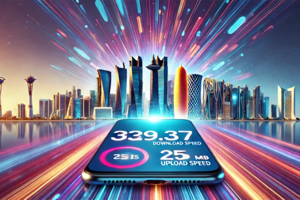 A vibrant digital landscape featuring a smartphone with a high-speed internet indicator showing 329.37 Mbps download speed and 25.36 Mbps upload speed