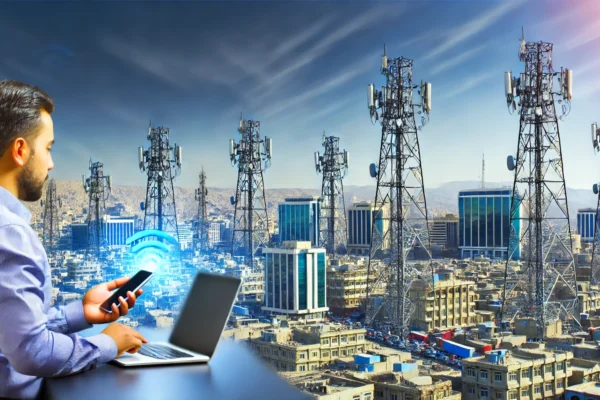 A modern cityscape of Kabul with clear skies, showcasing advanced telecommunication towers and infrastructure. The scene should include people using s