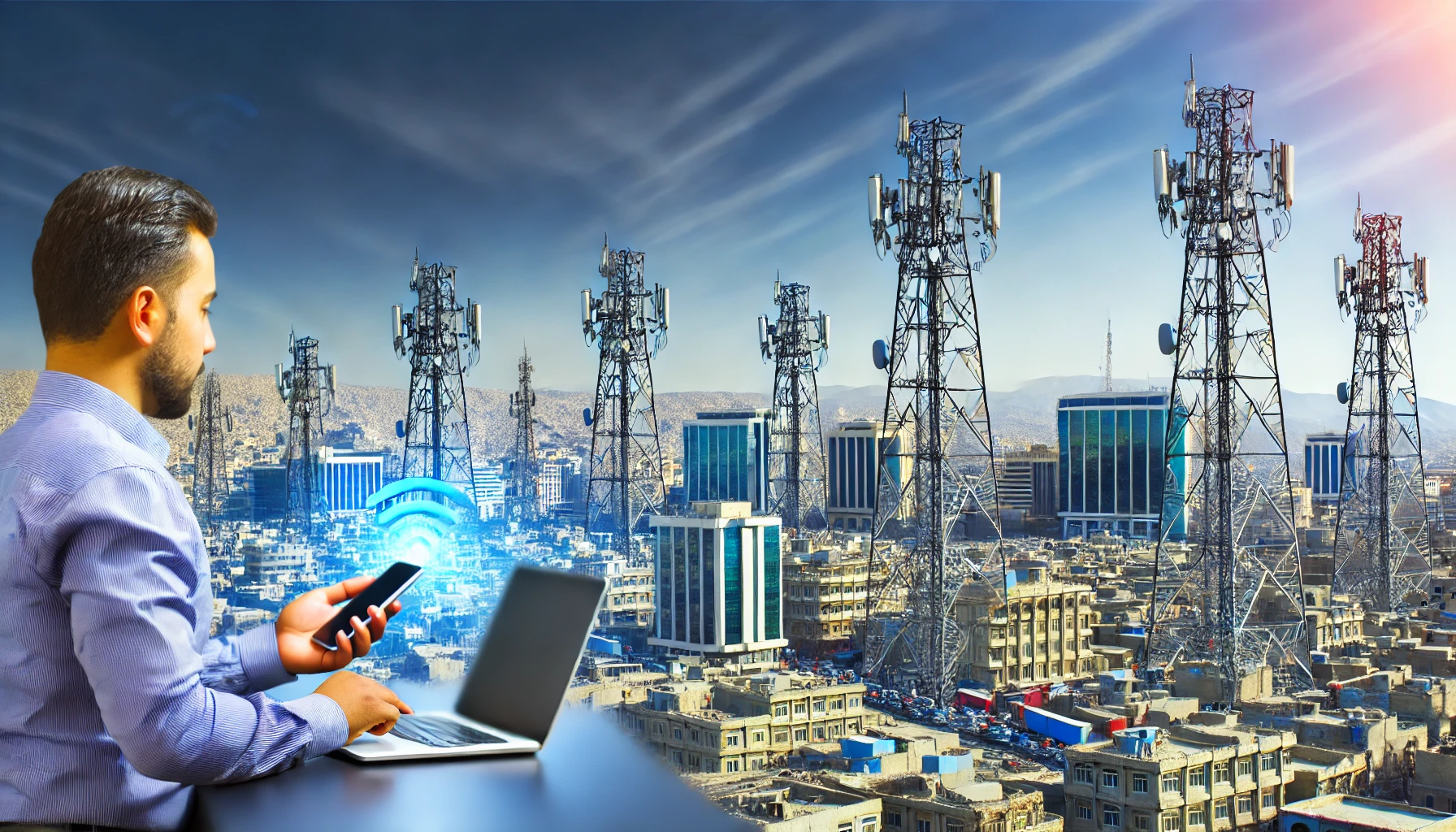 A modern cityscape of Kabul with clear skies, showcasing advanced telecommunication towers and infrastructure. The scene should include people using s