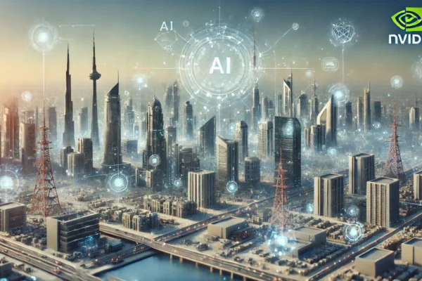 A modern cityscape representing the Middle East with advanced AI infrastructure. The scene should include futuristic buildings, telecommunication tower