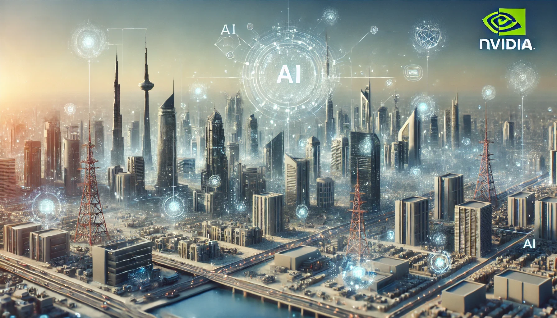 A modern cityscape representing the Middle East with advanced AI infrastructure. The scene should include futuristic buildings, telecommunication tower