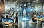 A modern, high-tech office environment showcasing advanced AI technology. The scene includes professionals collaborating, AI-related equipment, digital