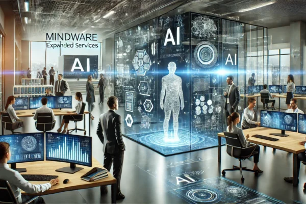 A modern, high-tech office environment showcasing advanced AI technology. The scene includes professionals collaborating, AI-related equipment, digital