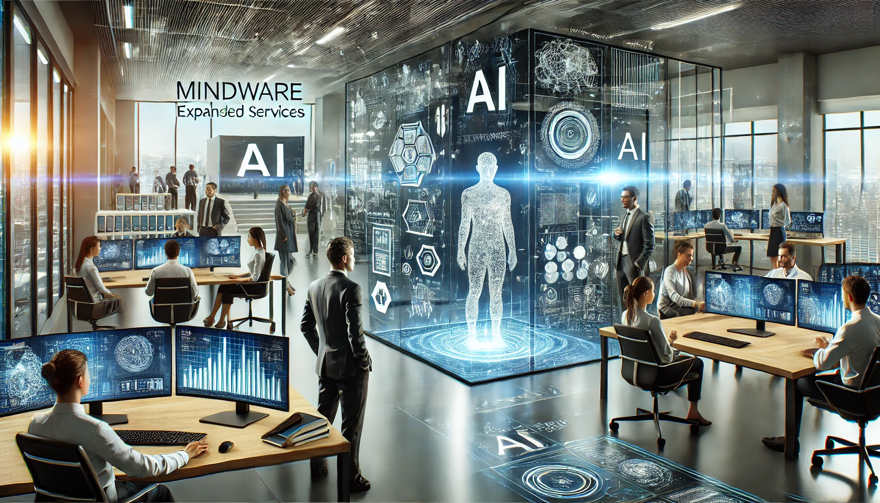 A modern, high-tech office environment showcasing advanced AI technology. The scene includes professionals collaborating, AI-related equipment, digital