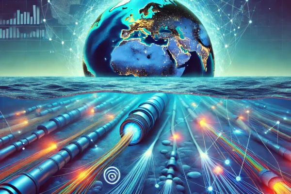 A vibrant depiction of a submarine cable system under the sea, connecting different continents. The scene showcases cables extending underwater with g