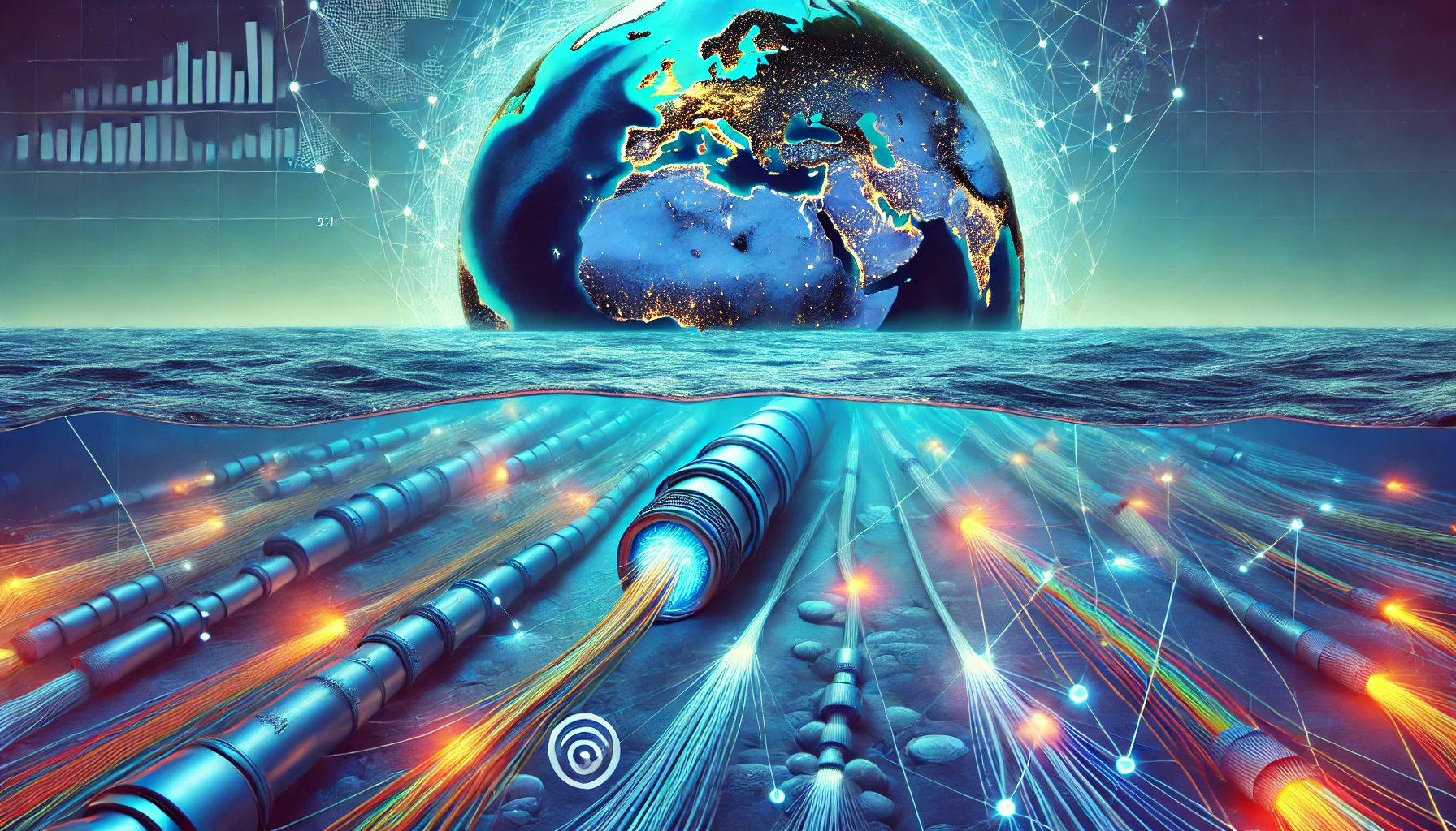 A vibrant depiction of a submarine cable system under the sea, connecting different continents. The scene showcases cables extending underwater with g