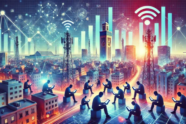 A vibrant scene depicting Morocco's digital transformation. The image includes people using smartphones and laptops, modern cityscapes with telecommunication