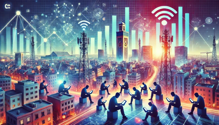A vibrant scene depicting Morocco's digital transformation. The image includes people using smartphones and laptops, modern cityscapes with telecommunication