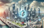 A high-quality image depicting the UAE as a leader in AI adoption. The image features modern cityscapes with futuristic elements, including digital in