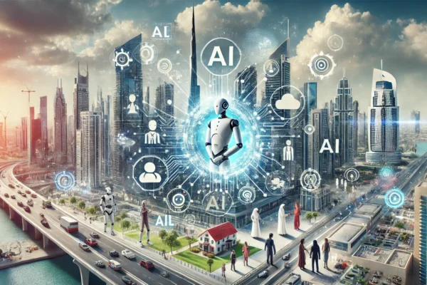 A high-quality image depicting the UAE as a leader in AI adoption. The image features modern cityscapes with futuristic elements, including digital in