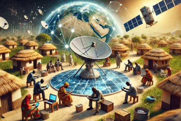 A high-quality image depicting enhanced rural connectivity in Nigeria through satellite technology. The image features a satellite dish in a rural village