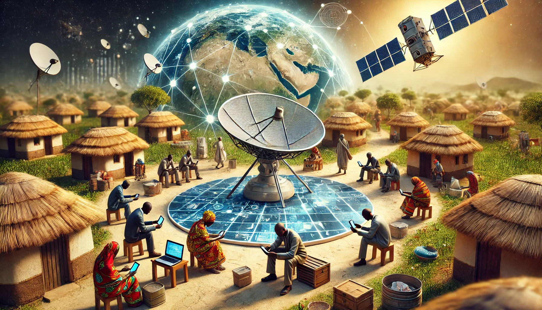 A high-quality image depicting enhanced rural connectivity in Nigeria through satellite technology. The image features a satellite dish in a rural village