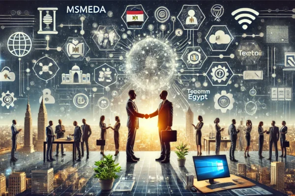 A high-quality image depicting the partnership between MSMEDA and Telecom Egypt to support entrepreneurs and startups. The image features business people