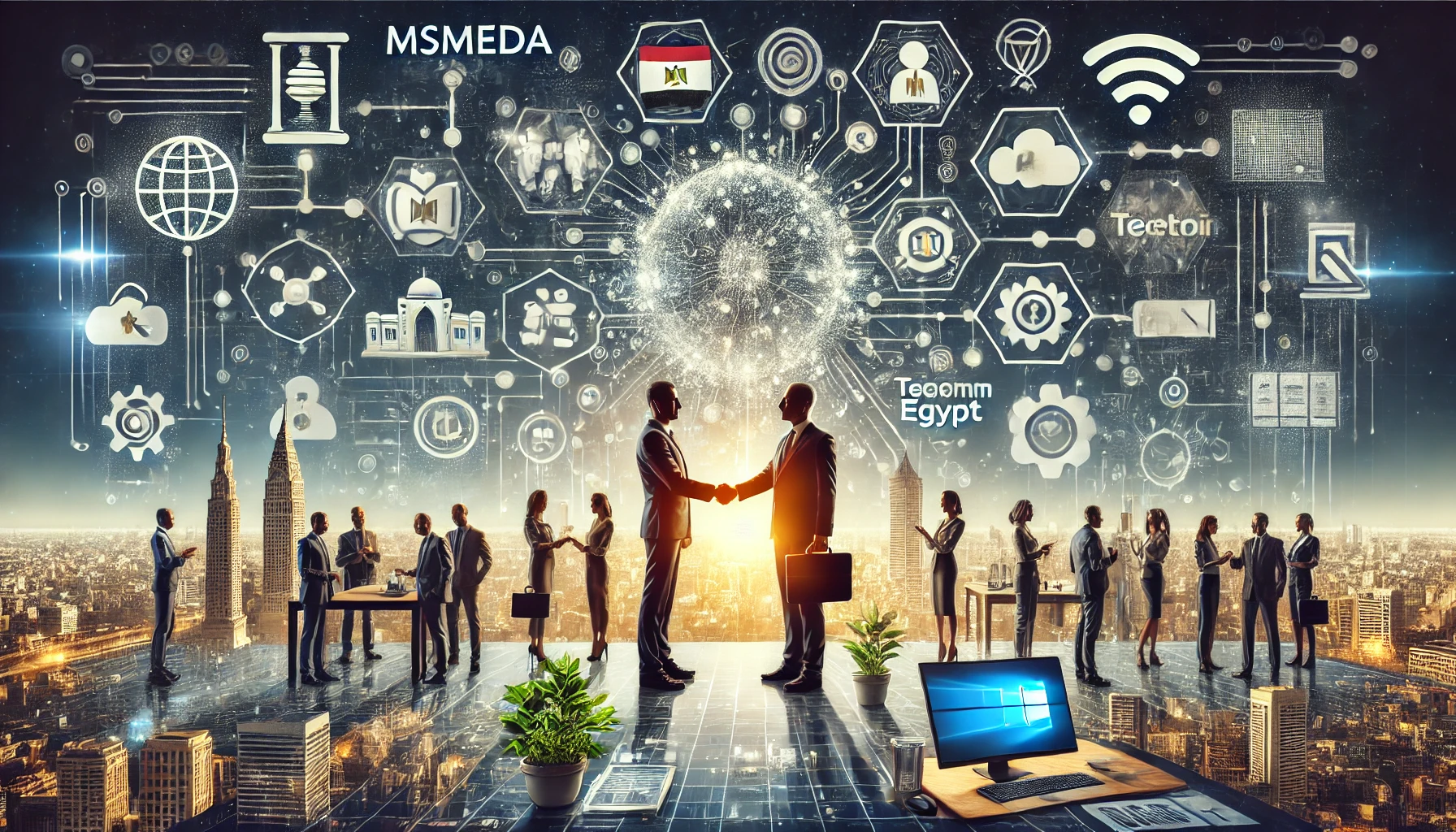 A high-quality image depicting the partnership between MSMEDA and Telecom Egypt to support entrepreneurs and startups. The image features business people