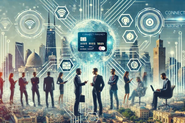 A high-quality image representing the expansion of an Egyptian fintech startup, Connect Money. The image features a modern cityscape with business pro