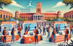 A vibrant and engaging university job fair scene, with students interacting at various booths. The Orange Jordan booth stands out with modern displays