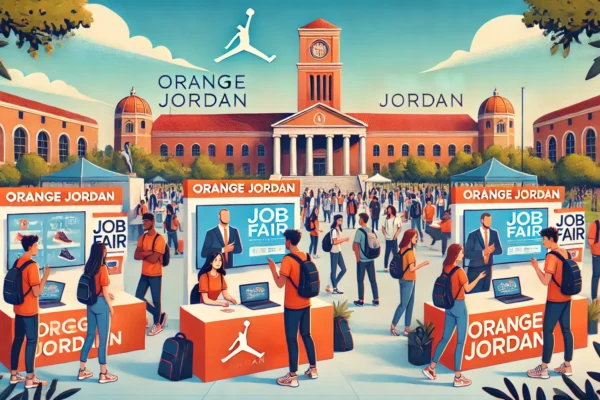 A vibrant and engaging university job fair scene, with students interacting at various booths. The Orange Jordan booth stands out with modern displays