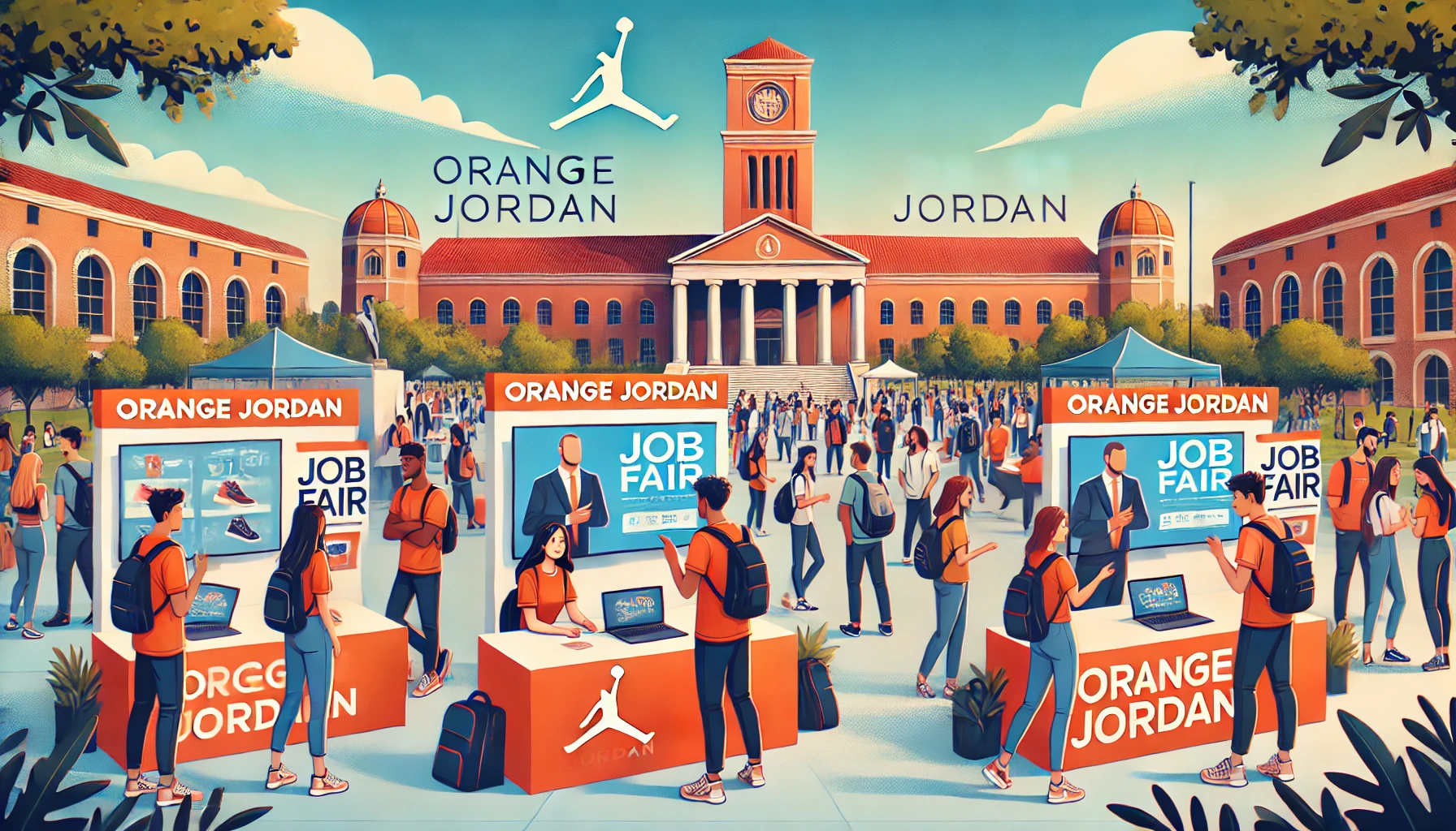 A vibrant and engaging university job fair scene, with students interacting at various booths. The Orange Jordan booth stands out with modern displays