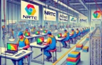 A vibrant assembly line in a modern factory setting, with workers assembling Chromebooks. The background features logos of NRTC, Allied, and Tech Valley