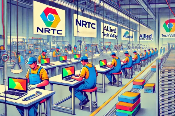 A vibrant assembly line in a modern factory setting, with workers assembling Chromebooks. The background features logos of NRTC, Allied, and Tech Valley