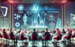 A futuristic conference setting with professionals discussing AI and GenAI technologies. The background includes modern digital displays showcasing da