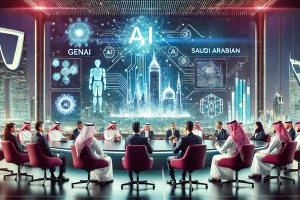 A futuristic conference setting with professionals discussing AI and GenAI technologies. The background includes modern digital displays showcasing da