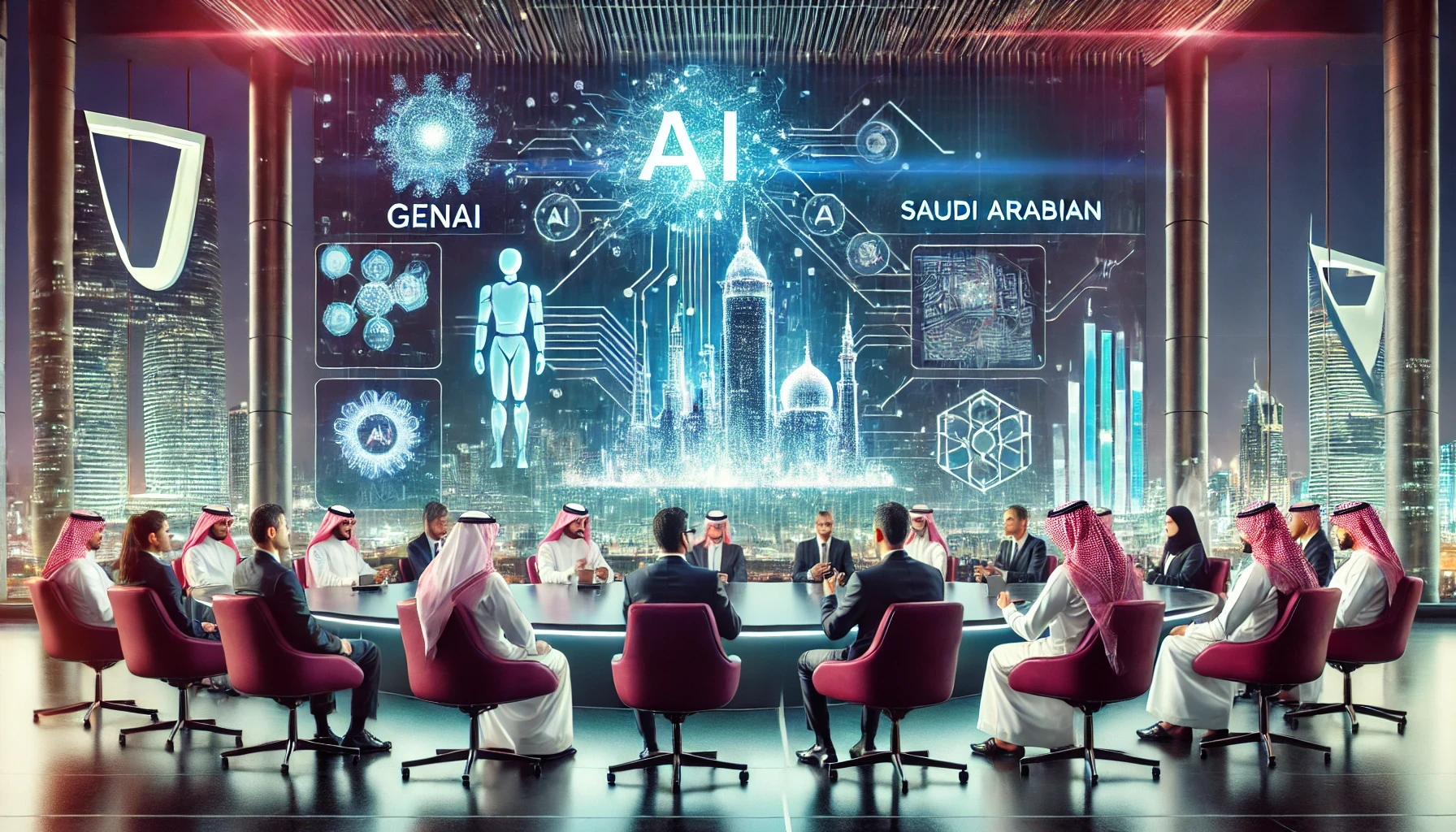 A futuristic conference setting with professionals discussing AI and GenAI technologies. The background includes modern digital displays showcasing da