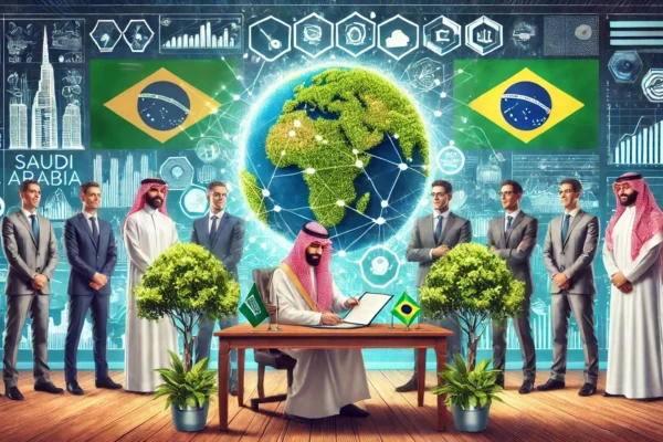 A vibrant scene showcasing a partnership agreement signing between Saudi Arabia and Brazil, with representatives from both countries. The background f