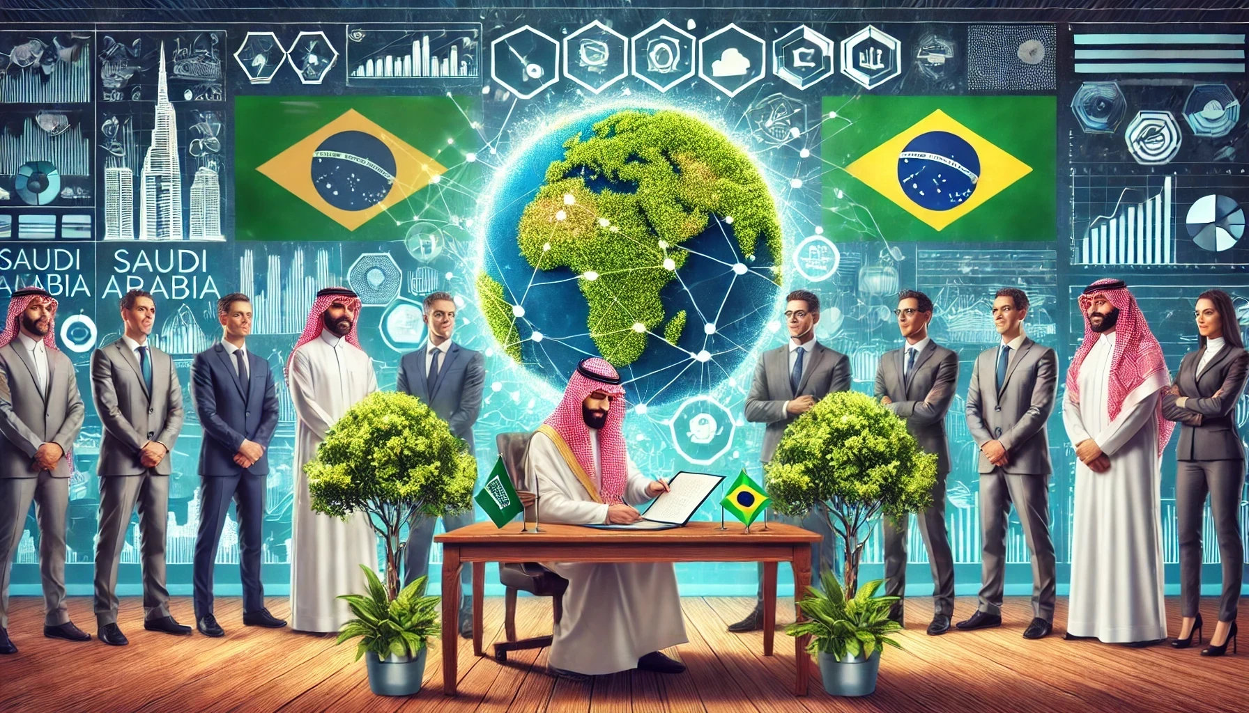 A vibrant scene showcasing a partnership agreement signing between Saudi Arabia and Brazil, with representatives from both countries. The background f