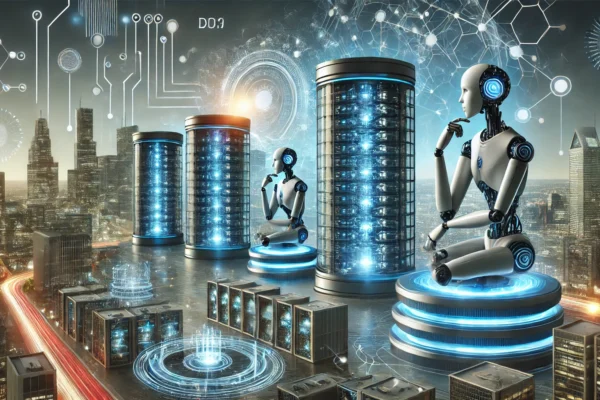 A high-tech futuristic landscape featuring elements of artificial intelligence and digital infrastructure. The scene includes sleek, modern data center