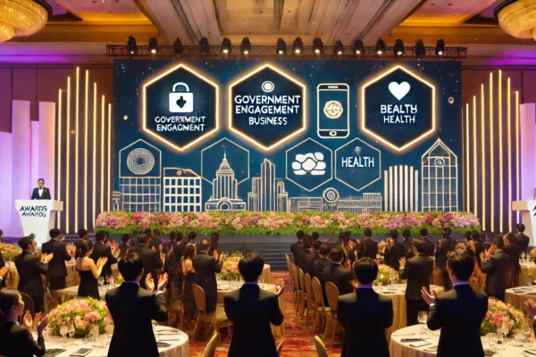 A celebratory scene at an awards ceremony with elegant decor, highlighting a stage with a large digital screen displaying award-winning apps in government