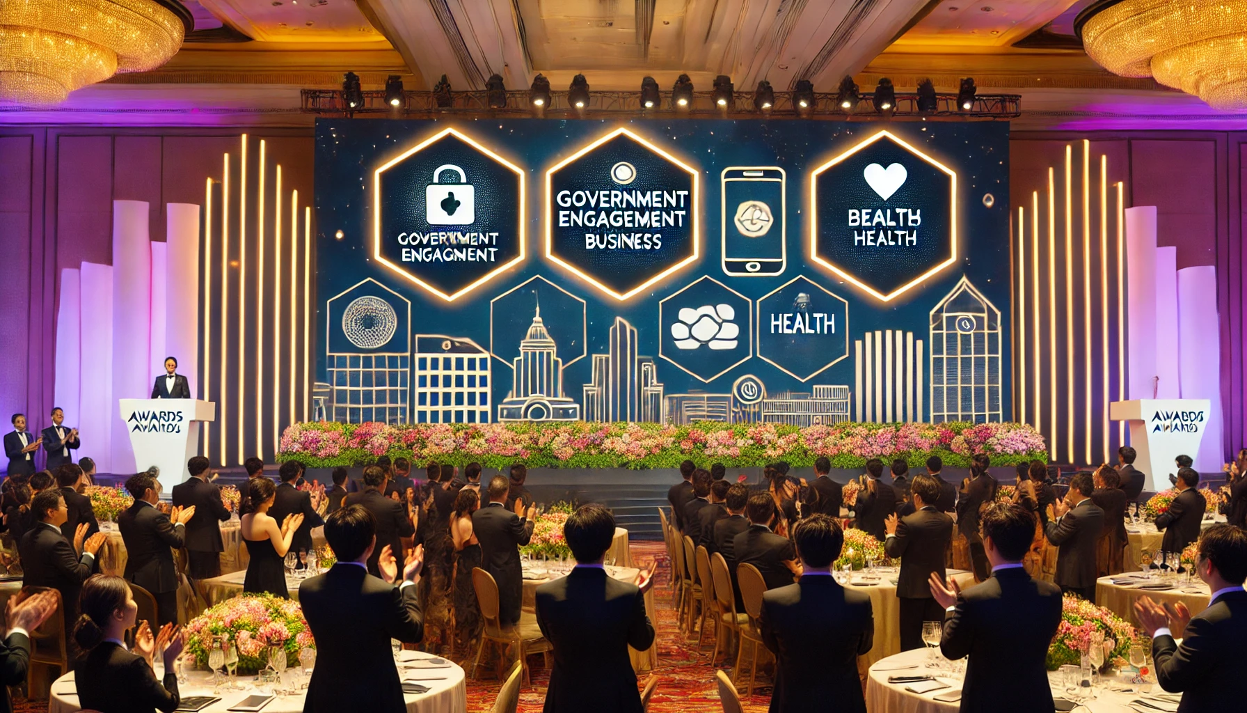 A celebratory scene at an awards ceremony with elegant decor, highlighting a stage with a large digital screen displaying award-winning apps in government