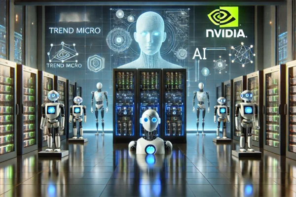 A high-tech data center featuring advanced AI and cybersecurity integration. The scene includes sleek servers with glowing lights, AI robots, and digital