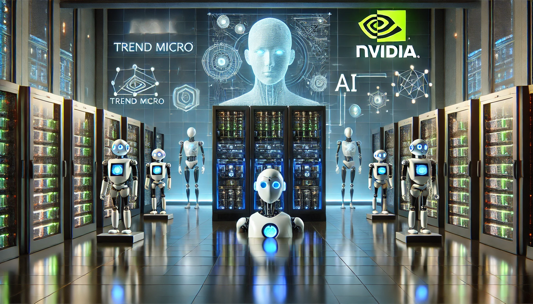 A high-tech data center featuring advanced AI and cybersecurity integration. The scene includes sleek servers with glowing lights, AI robots, and digital