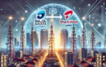 A corporate merger scene featuring two telecom companies, Dialog Axiata and Bharti Airtel Lanka, represented by their logos merging together. The back