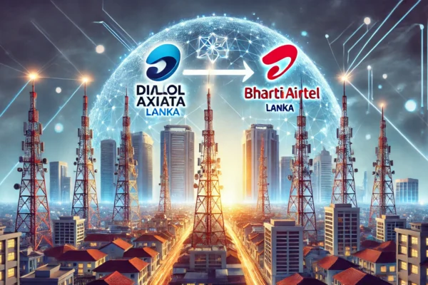 A corporate merger scene featuring two telecom companies, Dialog Axiata and Bharti Airtel Lanka, represented by their logos merging together. The back