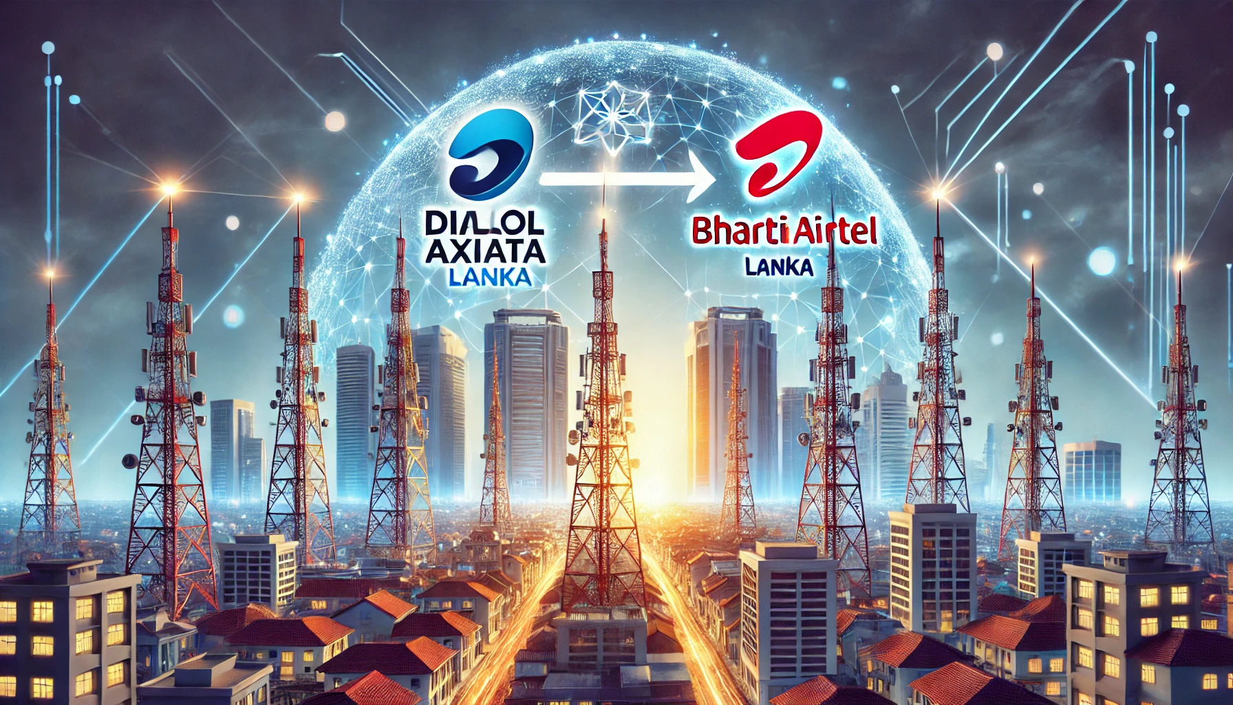 A corporate merger scene featuring two telecom companies, Dialog Axiata and Bharti Airtel Lanka, represented by their logos merging together. The back